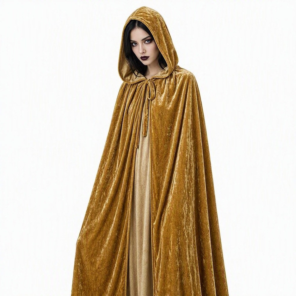 Whimsigoth Layering Fantasy Cosplay Gold Crushed Velvet Hooded Cloak Cape OS